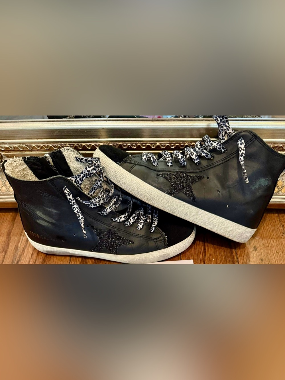 Golden Goose Black Leather & Suede Francys with Snow Leopard Laces